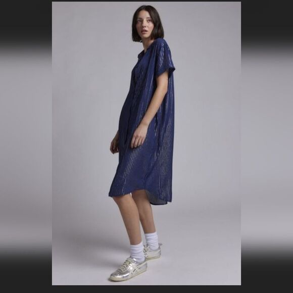 WILDFANG Navy Short sleeve button-down midi length pinstripe shirt dress Large - Picture 1 of 14